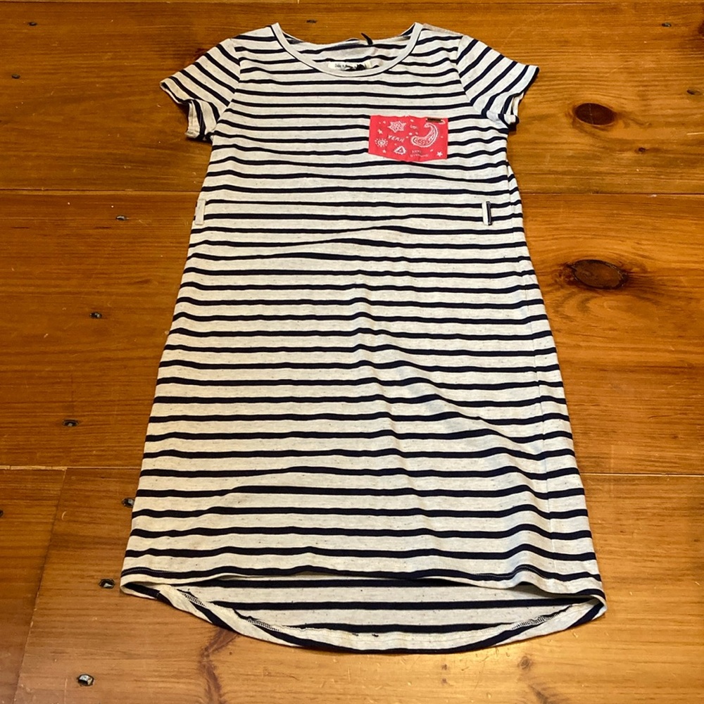 New! IKKS 12 Stripe T-Shirt Dress Bandana Pocket Keep Dreaming Gold Trim